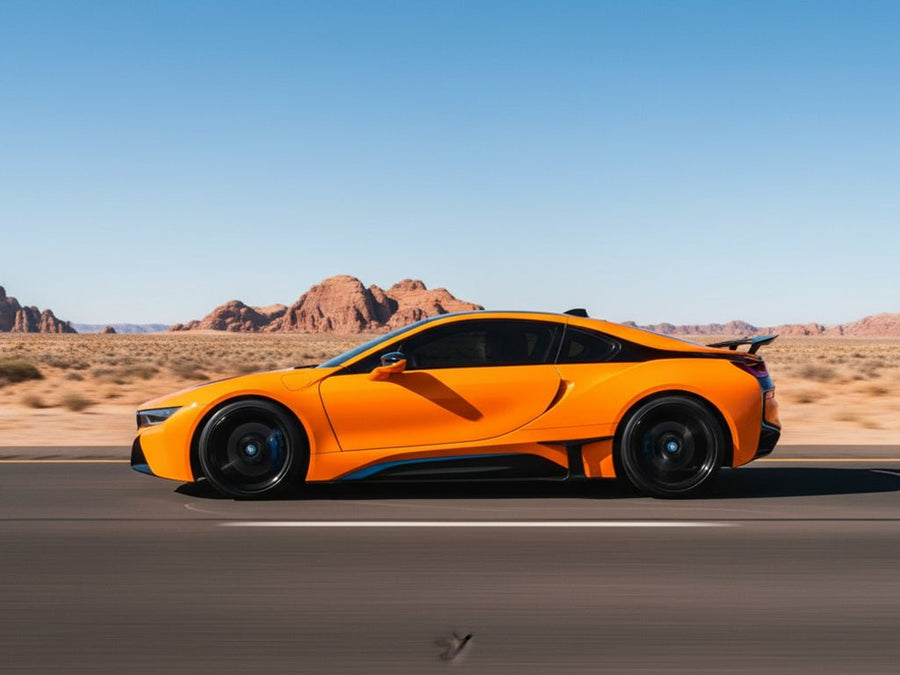 DIY BMW i8 wrapped in Gloss HX20000 Fluorescent Orange automotive vinyl film HX20614B