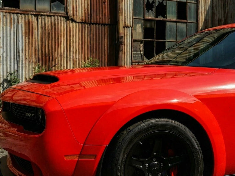 DIY Dodge Challenger SRT wrapped in Gloss HX20000 Fluorescent Red car wrap film HX20615B