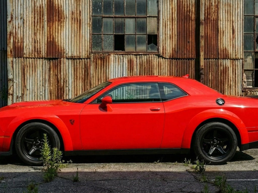 DIY Dodge Challenger wrapped in Gloss HX20000 Fluorescent Red automotive vinyl film HX20615B