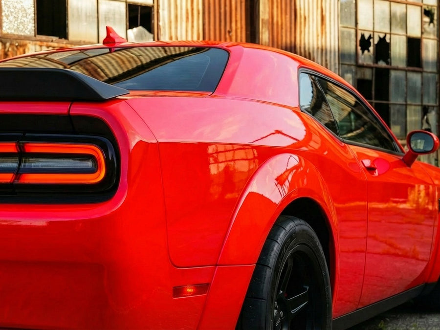 Dodge Challenger wrapped in Hexis Gloss HX20000 Fluorescent Red restyling film HX20615B