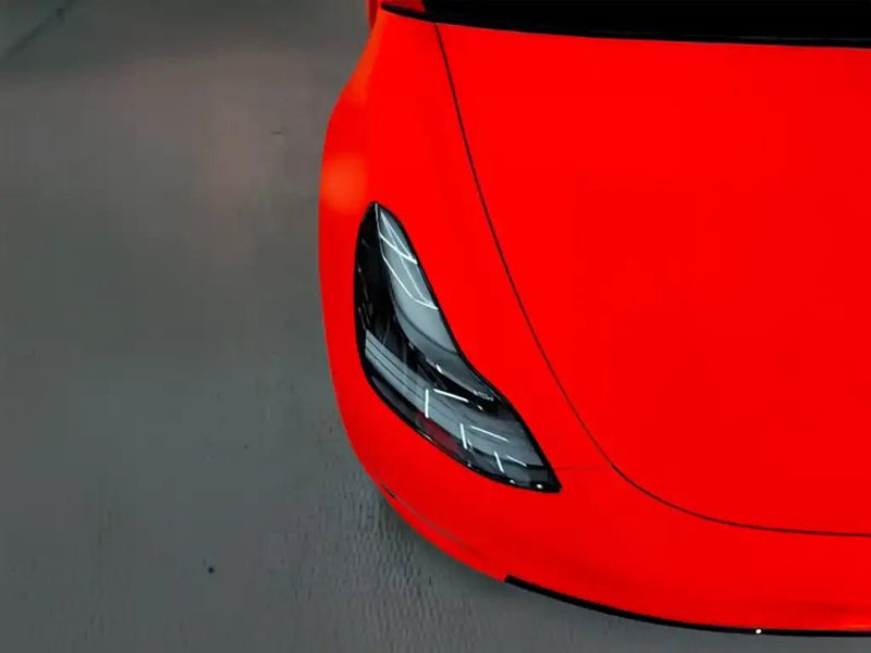 Porsche Taycan wrapped in Satin HX20000 Fluorescent Red wrap film HX20615S
