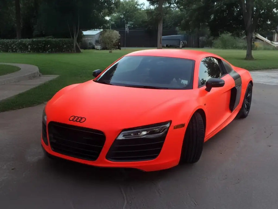Audi R8 wrapped in Hexis Satin HX20000 Fluorescent Red restyling film HX20615S