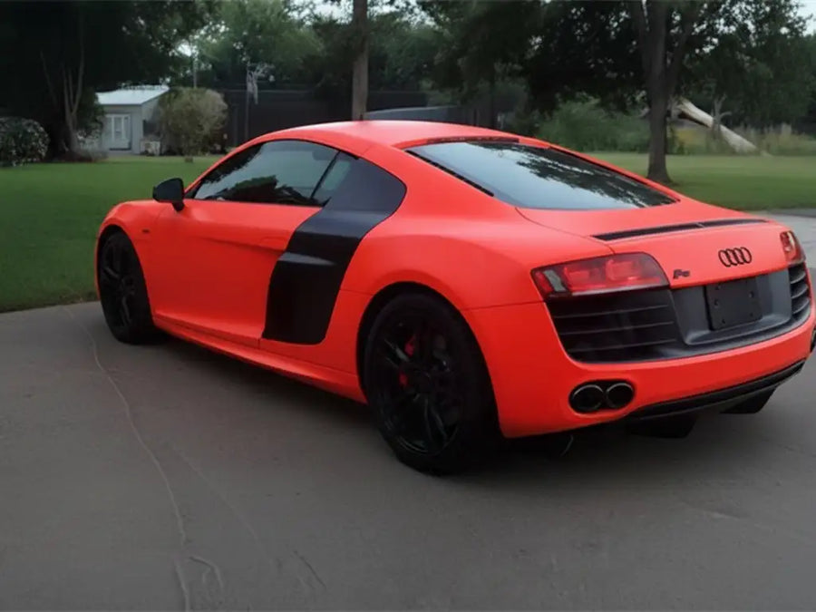 Audi R8 wrapped in Hexis Satin HX20000 Fluorescent Red wrap film HX20615S
