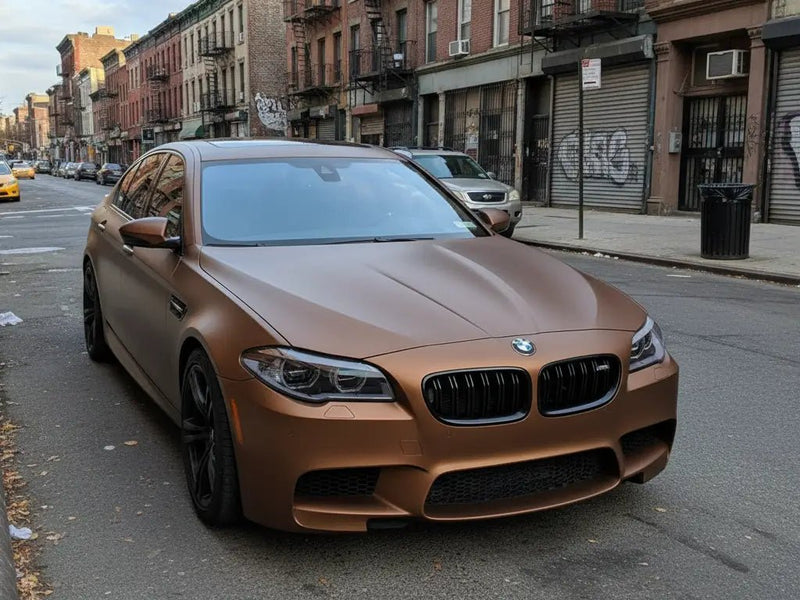BMW M5 wrapped in Hexis Satin HX20000 Metallic Canyon Copper automotive vinyl film HX20661S