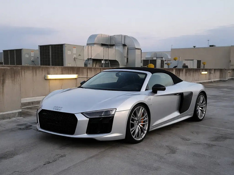 Audi R8 Spyder wrapped in Gloss HX20000 Silver car wrap film HX20877B