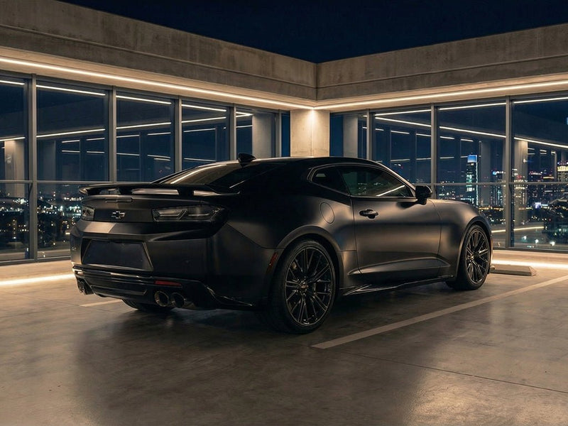 Chevrolet Camaro wrapped in Satin HX20000 Deep Black Wet automotive vinyl film HX20890W