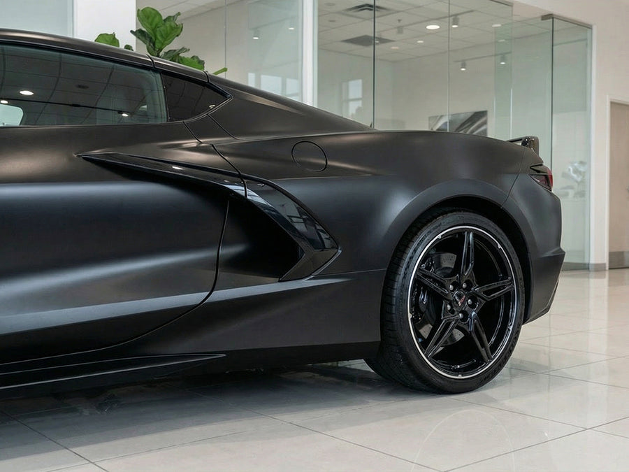 Chevrolet Corvette C8 wrapped in Satin HX20000 Deep Black Wet restyling film HX20890W