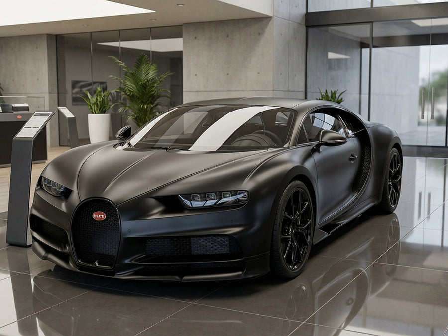 Bugatti Chiron wrapped in Hexis Satin HX20000 Deep Black Wet restyling film HX20890W