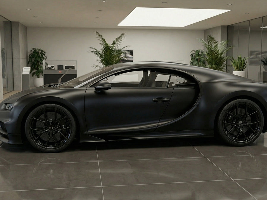 Bugatti Chiron wrapped in Hexis Satin HX20000 Deep Black Wet vinyl wrap HX20890W