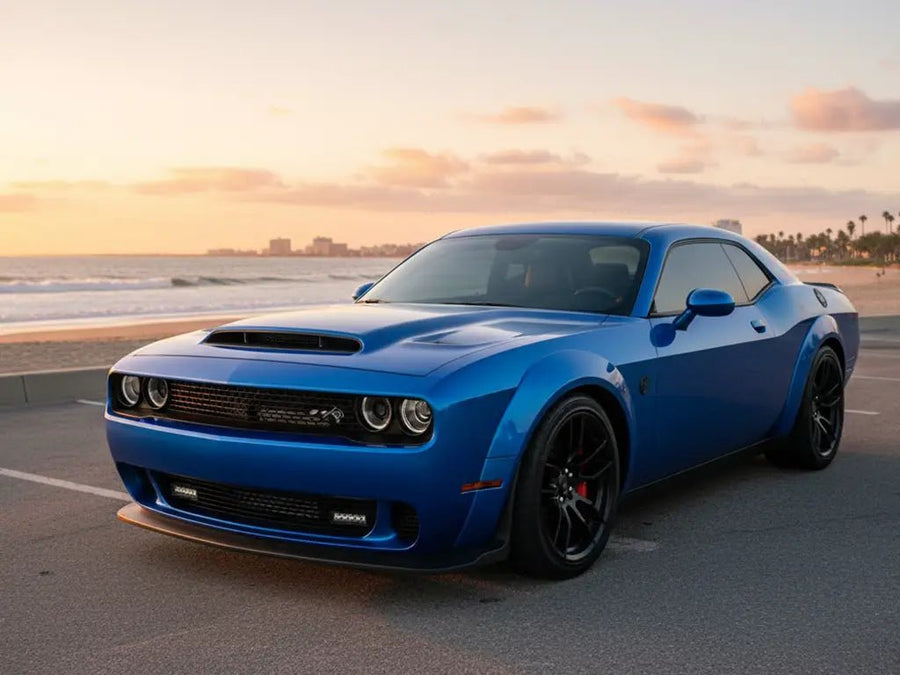 DIY Dodge Challenger wrapped in Gloss HX20000 Metallic Night Blue restyling film HX20905B
