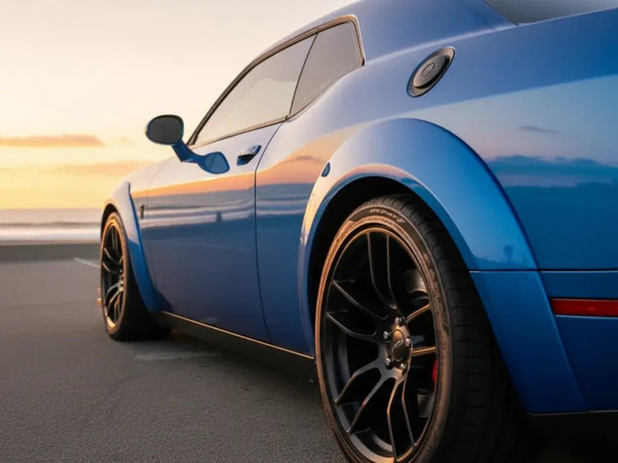 Dodge Challenger wrapped in Hexis Gloss HX20000 Metallic Night Blue wrap film HX20905B detail