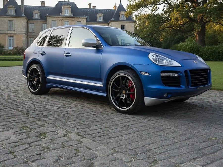 DIY Porsche Cayenne wrapped in Matte HX20000 Metallic Night Blue wrap film HX20905M