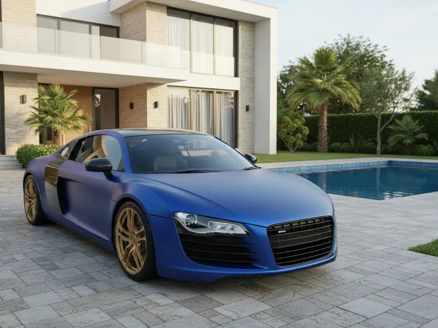Audi R8 wrapped in Matte HX20000 Metallic Night Blue vinyl wrap HX20905M