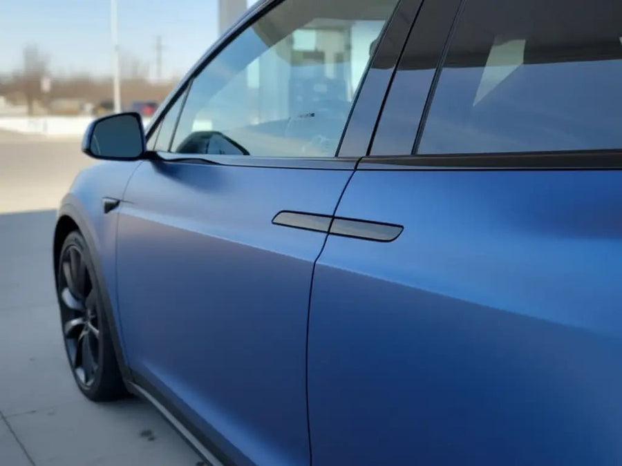 Tesla Y wrapped in Matte HX20000 Metallic Night Blue wrap film HX20905M