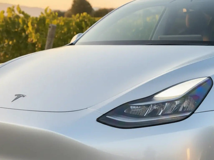 Tesla 3 wrapped in Hexis Gloss HX20000 Metallic Meteorite Grey restyling film HX20990B