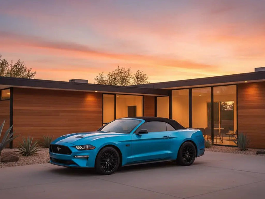 Ford Mustang wrapped in Hexis Gloss HX20000 South Seas Blue car wrap film HX20B11B