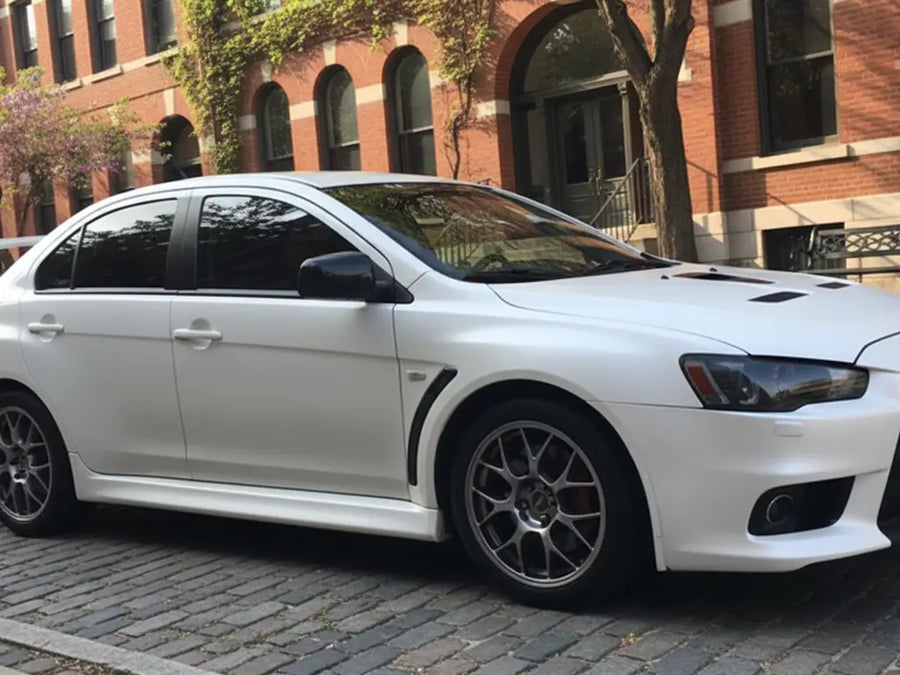 DIY Mitsubishi Lancer Evolution wrapped in Satin HX20000 Nacre White vinyl wrap HX20BNCS detail