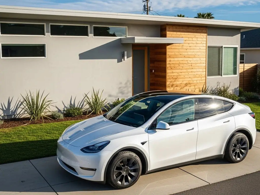 Tesla Y wrapped in Hexis Gloss HX20000 Saturn White vinyl wrap HX20BSAB