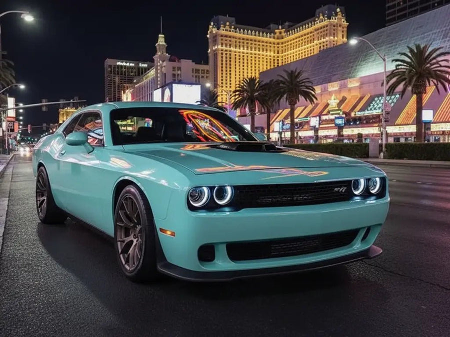 Dodge Challenger wrapped in Gloss HX20000 Ti Blue automotive vinyl film HX20BTIB