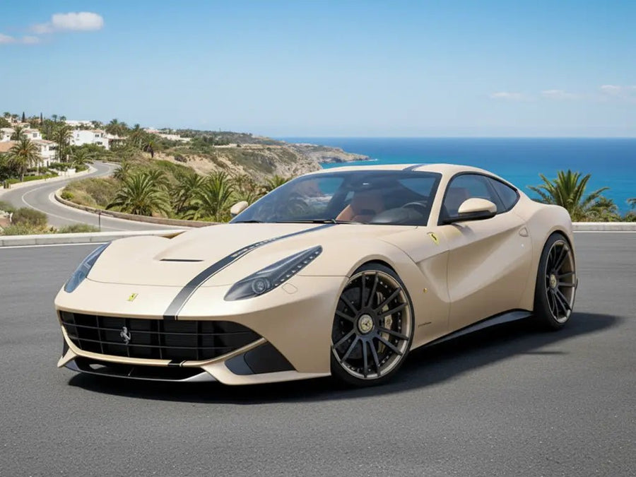 Ferrari F12berlinetta wrapped in Hexis Gloss HX20000 Taxi Beige restyling film HX20BTXB