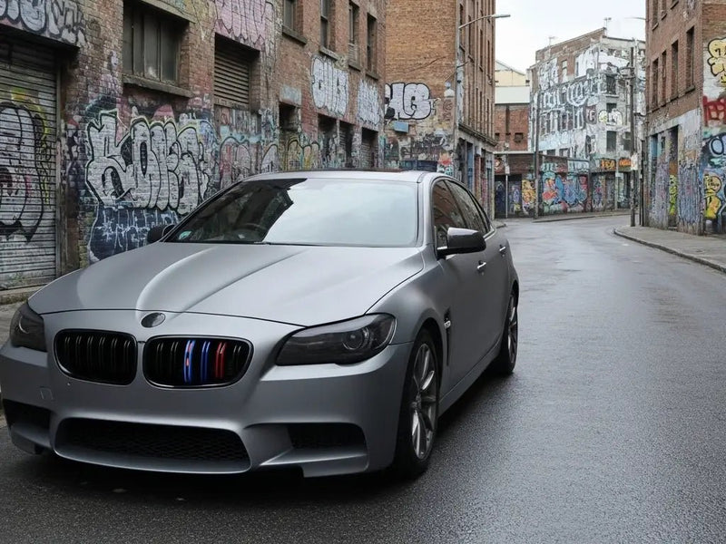 BMW M5 wrapped in Hexis Satin HX20000 Metallic Grey vinyl wrap HX20G03S