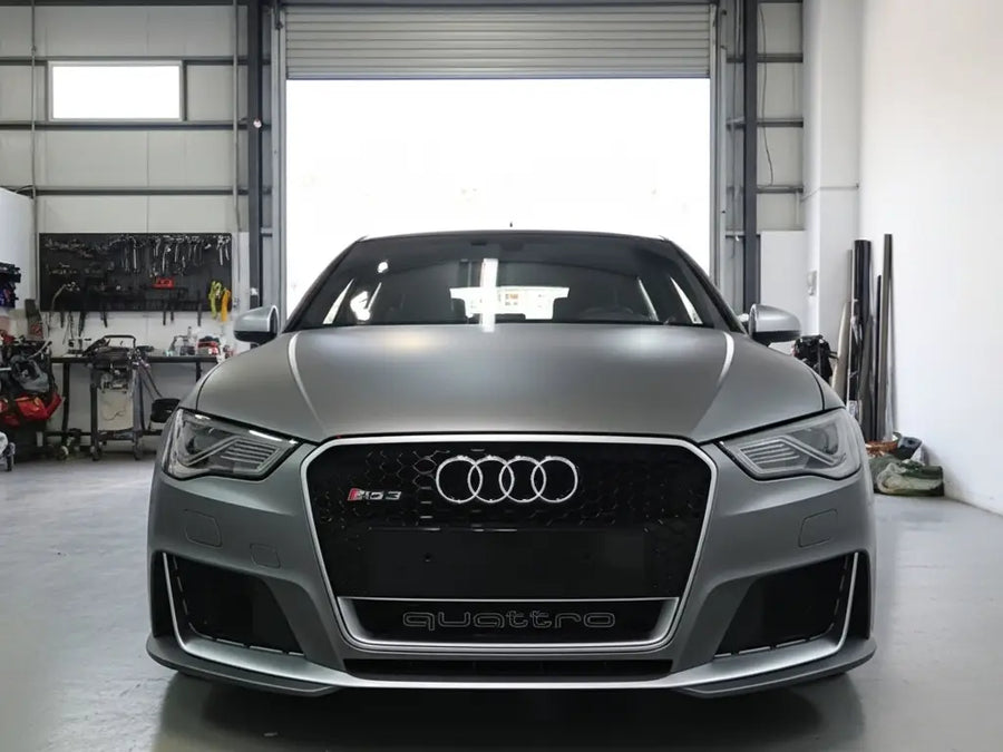 Audi RS3 wrapped in Hexis Satin HX20000 Metallic Grey vinyl wrap HX20G03S