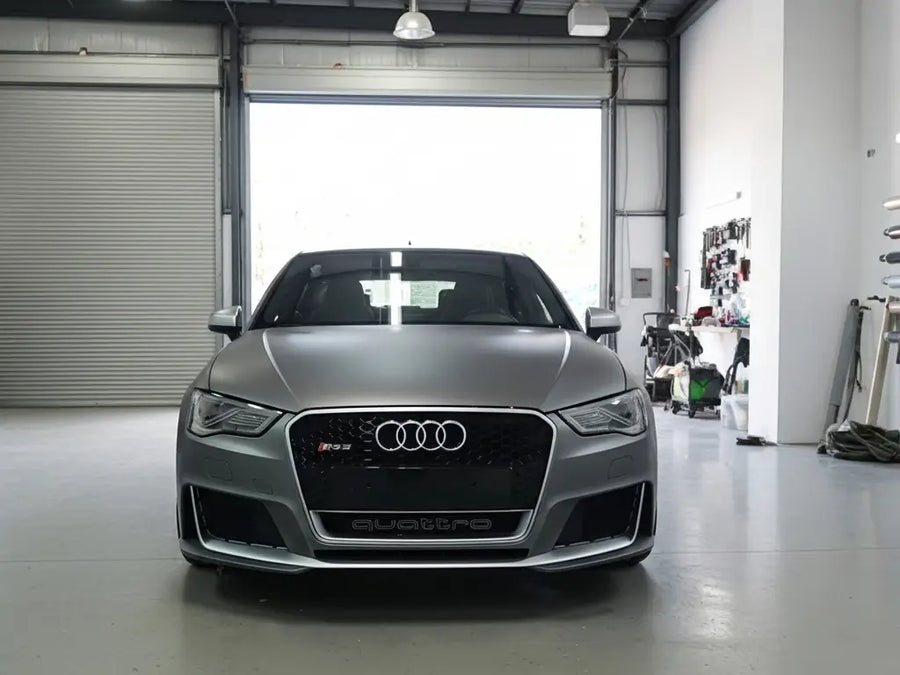 Audi RS3 wrapped in Hexis Satin HX20000 Metallic Grey wrap film HX20G03S