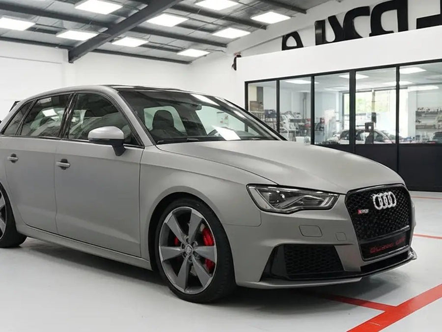 Audi RS3 wrapped in Hexis Satin HX20000 Metallic Grey car wrap film HX20G03S