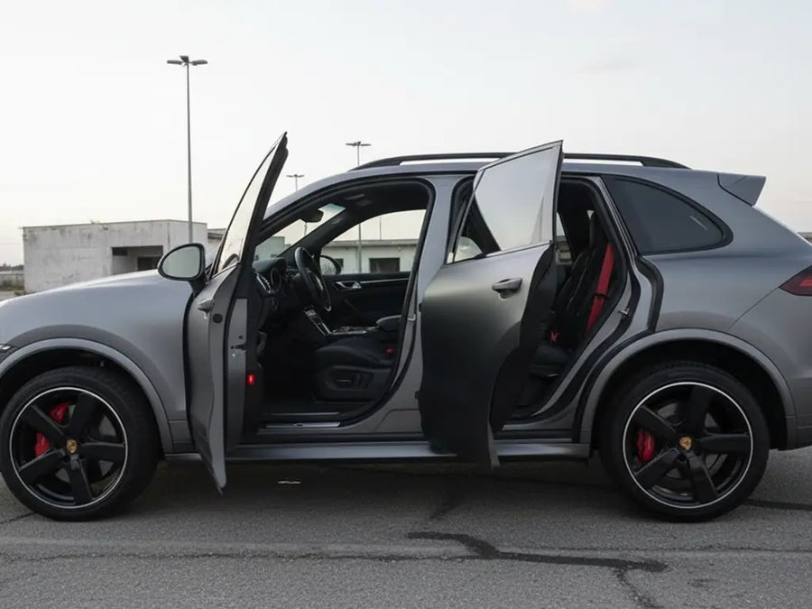 Porsche Cayenne wrapped in Satin HX20000 Argentic Grey restyling film HX20G04S