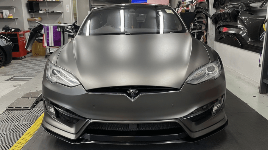 Tesla S wrapped in Matte HX20000 Metallic Anthracite Gray vinyl wrap HX20GANM