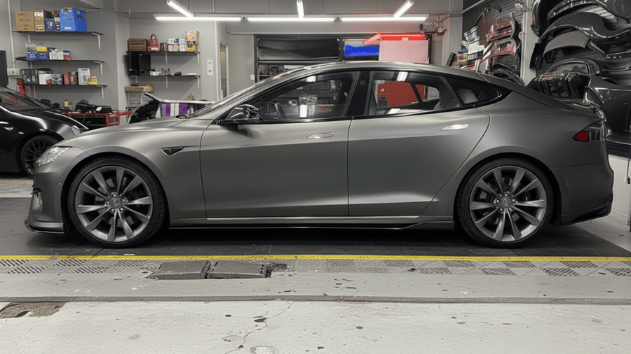 Tesla S wrapped in Matte HX20000 Metallic Anthracite Gray automotive vinyl film HX20GANM