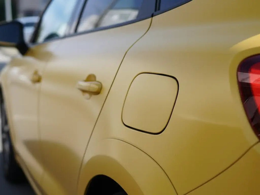 Car wrapped in Hexis Matte HX20000 Yellow Jaipur automotive vinyl film HX20JJAM