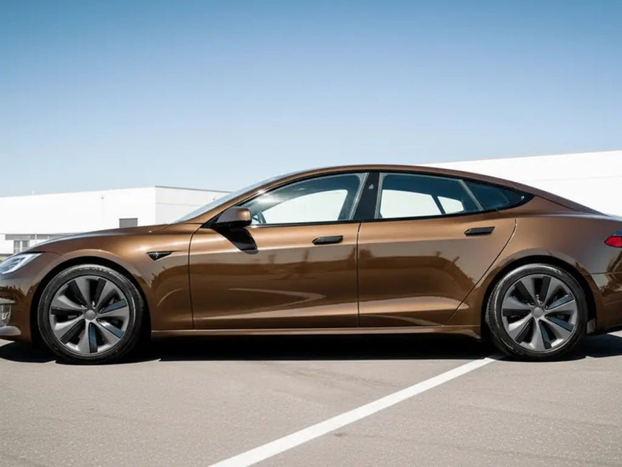 DIY Tesla S wrapped in Gloss HX20000 Coffee Brown automotive vinyl film HX20MCAB detail