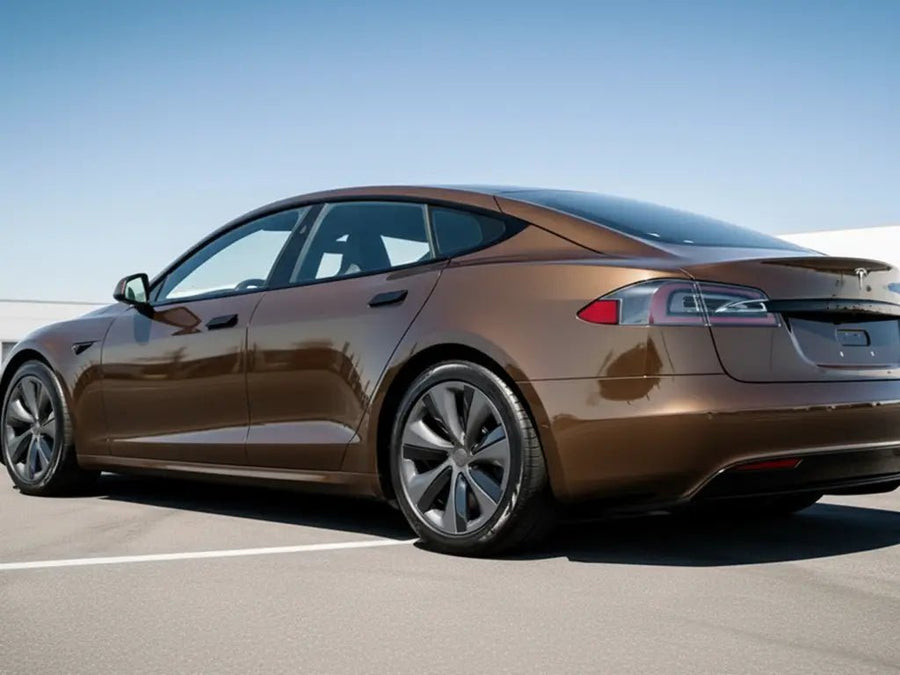Tesla S wrapped in Gloss HX20000 Coffee Brown car wrap film HX20MCAB detail
