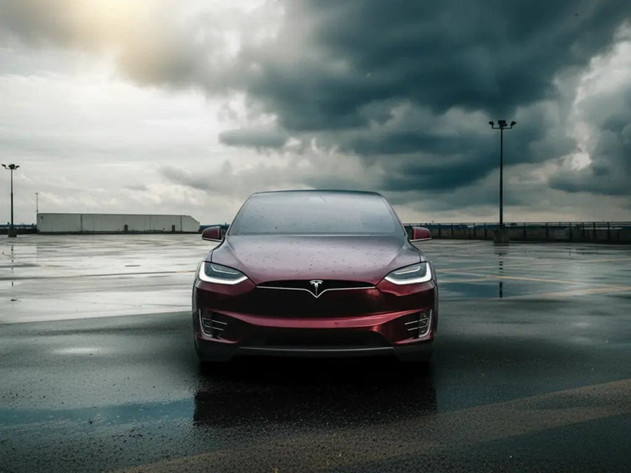Tesla X wrapped in Hexis Gloss HX20000 Vampire Black wrap film HX20N03B