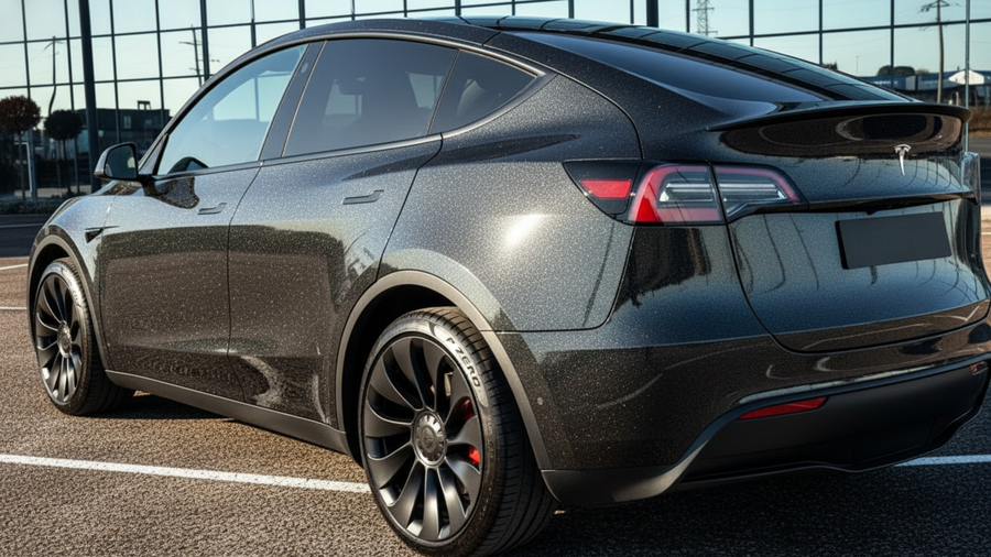 DIY Tesla Y wrapped in Gloss HX20000 Catechu Black restyling film HX20NCAB detail