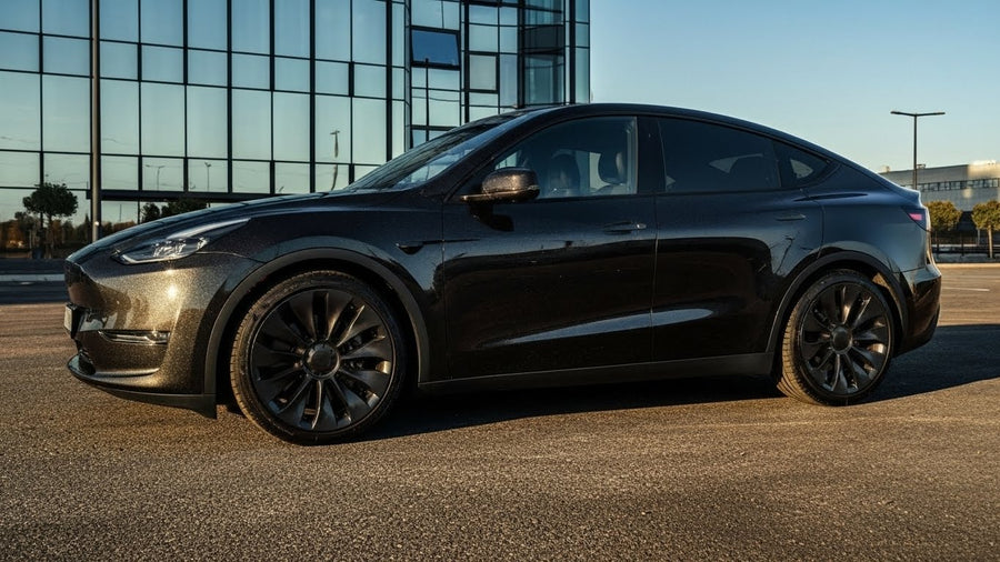 Tesla Y wrapped in Gloss HX20000 Catechu Black vinyl wrap HX20NCAB