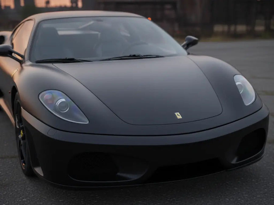 Ferrari F430 wrapped in Matte HX20000 Deep Black car wrap film HX20NPRM