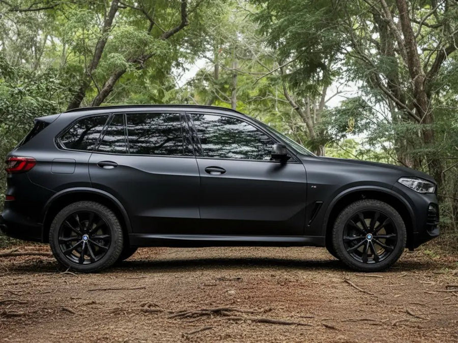 DIY BMW X5 wrapped in Matte HX20000 Deep Black vinyl wrap HX20NPRM