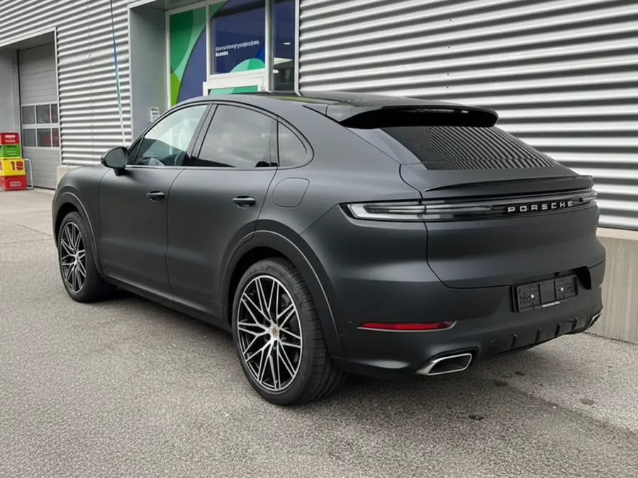 Porsche Cayenne wrapped in Hexis Satin HX20000 Deep Black automotive vinyl film HX20NPRS
