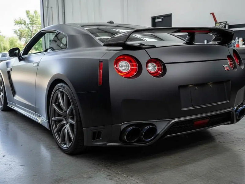 Nissan GT-R wrapped in Hexis Satin HX20000 Deep Black automotive vinyl film HX20NPRS