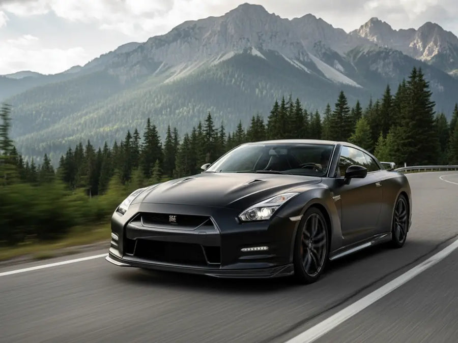 Nissan GT-R wrapped in Hexis Satin HX20000 Deep Black car wrap film HX20NPRS