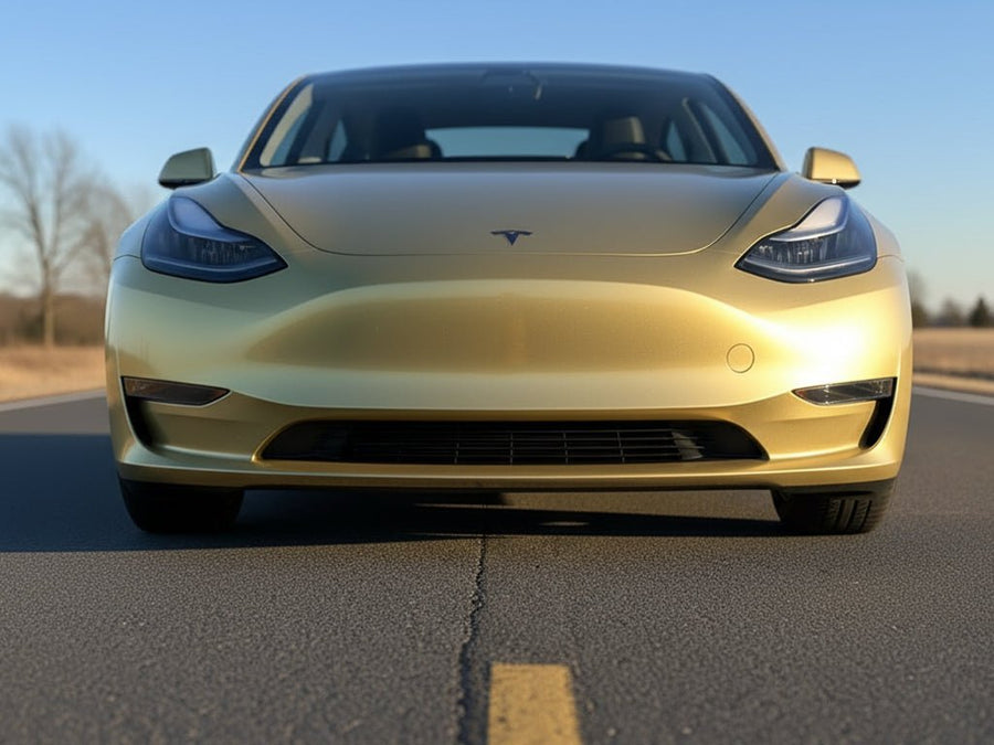DIY Tesla 3 wrapped in Gloss HX20000 Zeus Gold car wrap film HX20P001