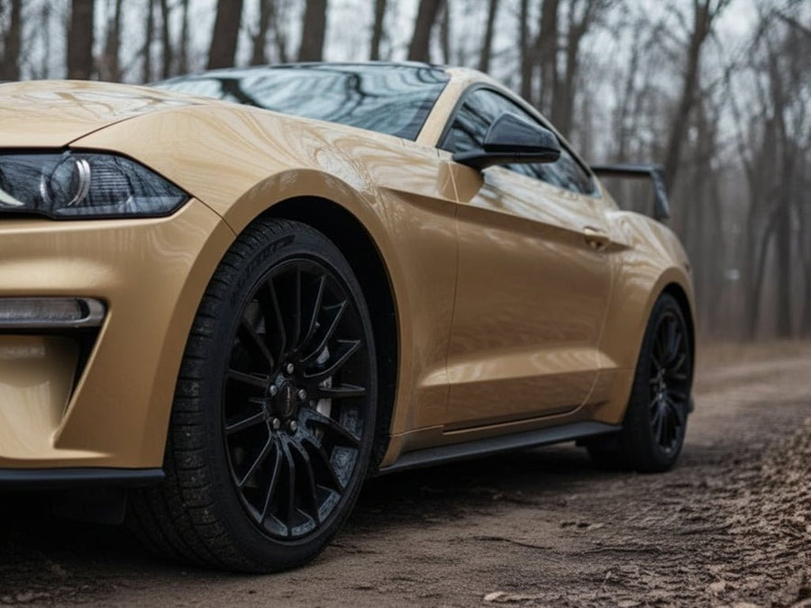 Ford Mustang wrapped in Gloss HX20000 Zeus Gold restyling film HX20P001