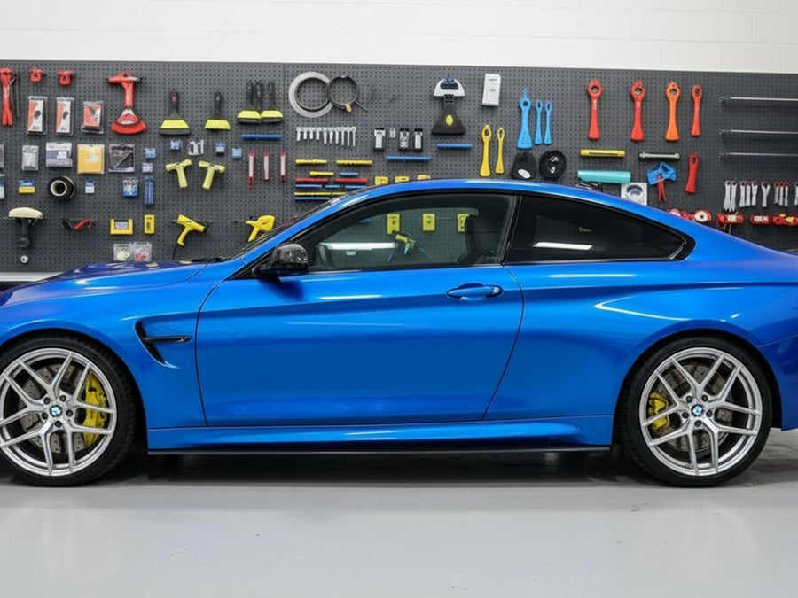 BMW M4 wrapped in Hexis Gloss HX20000 Apollo Blue automotive vinyl film HX20P004 detail