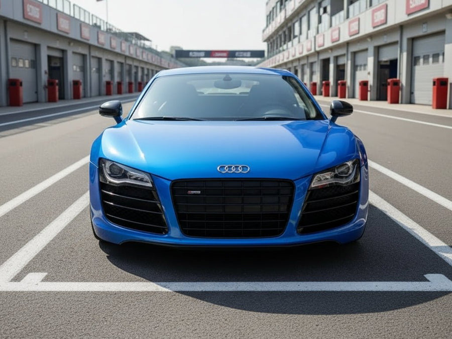Audi R8 wrapped in Hexis Gloss HX20000 Apollo Blue restyling film HX20P004 detail