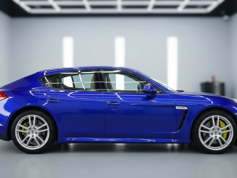 DIY Porsche Panamera wrapped in Gloss HX20000 Triton Blue automotive vinyl film HX20P005