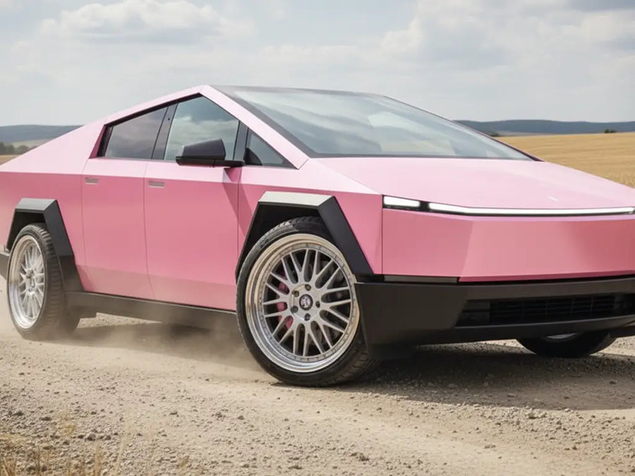 Tesla Cybertruck wrapped in Gloss HX20000 Lady Pink automotive vinyl film HX20R11B
