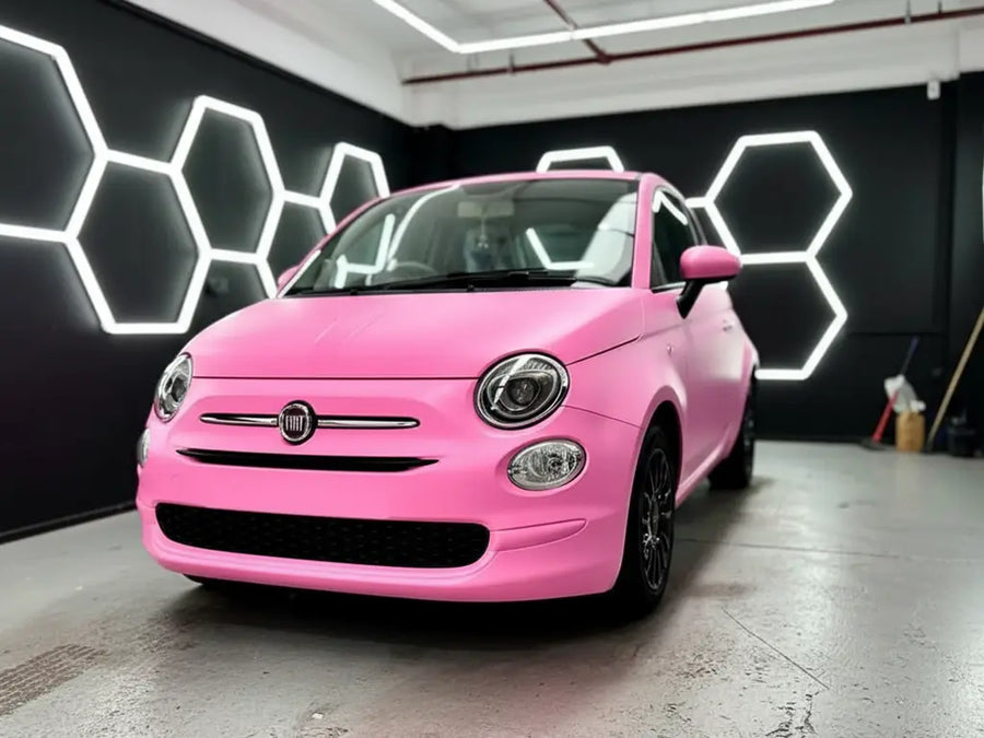 Fiat 500 wrapped in Hexis Satin HX20000 Lady Pink vinyl wrap HX20R11S