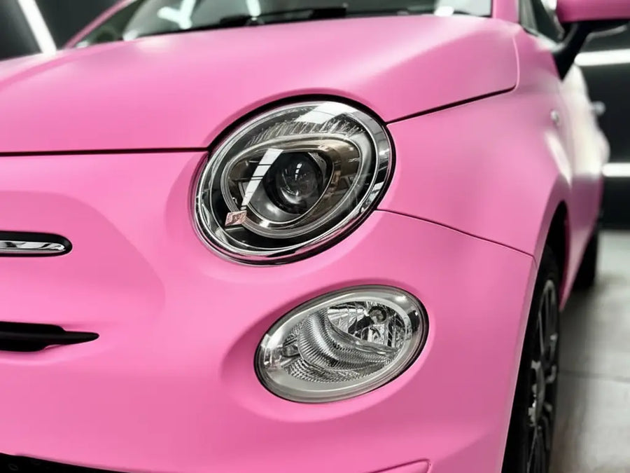 Fiat 500 wrapped in Hexis Satin HX20000 Lady Pink car wrap film HX20R11S